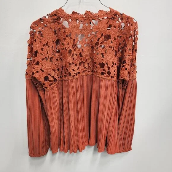 Express Womens BOHO Blouse Top Small Orange Crochet Long Sleeve Festival - Picture 2 of 10